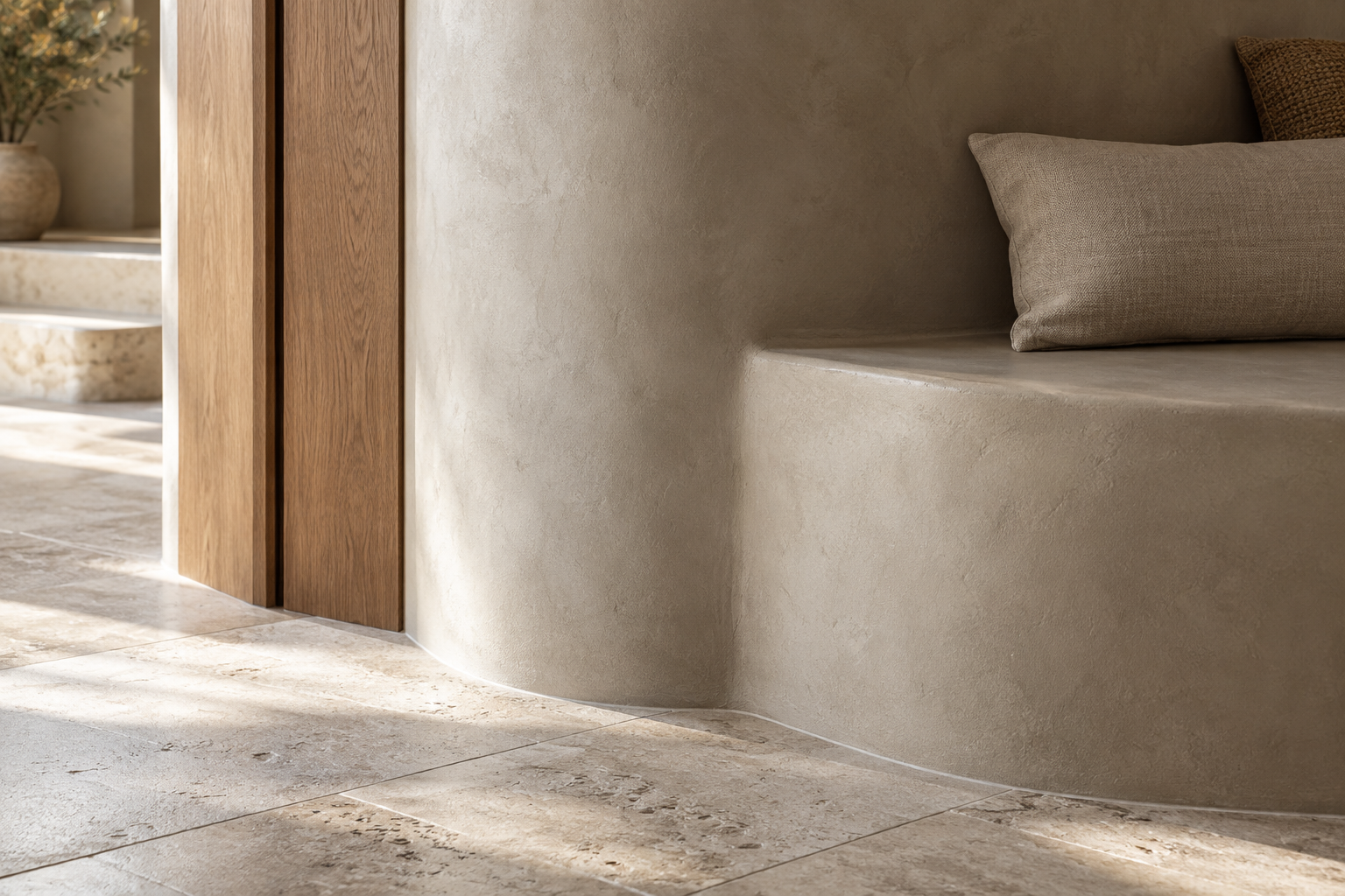 Detalle de microcemento, madera y piedra