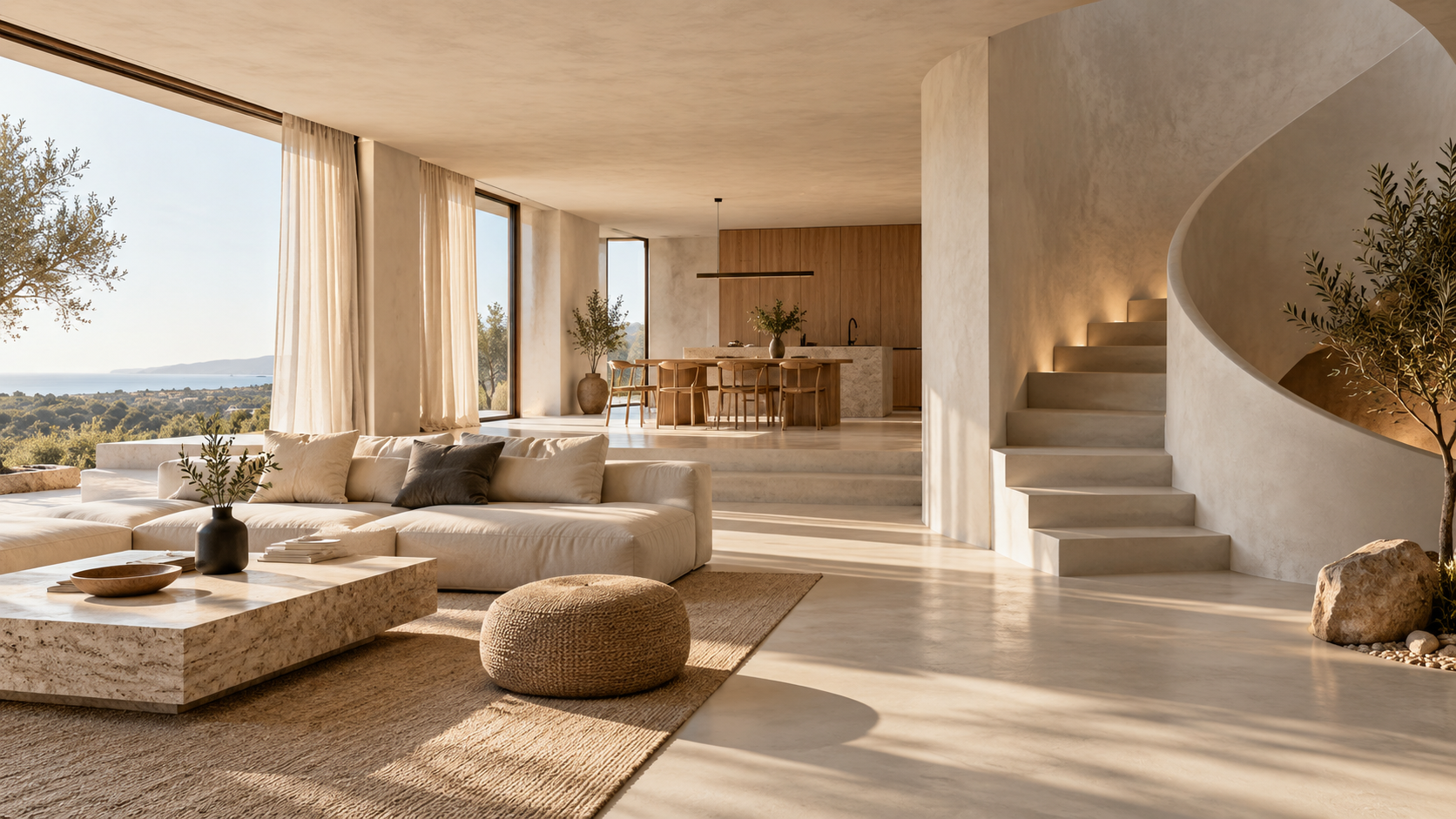 Interior contemporáneo con superficies de microcemento y madera